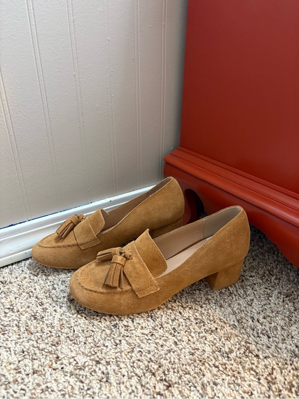 Rag and Co Classic Tassel Block Heel Loafers in Camel